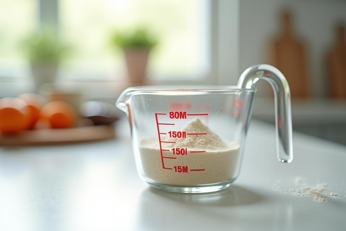 Verre doseur rempli de poudre à 150 ml sur plan de cuisine lumineux