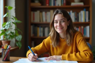 Jeune femme utilisant une méthode mnémotechnique avec une carte mémoire colorée dans un bureau cosy