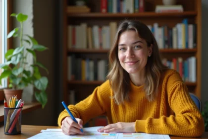 Jeune femme utilisant une méthode mnémotechnique avec une carte mémoire colorée dans un bureau cosy