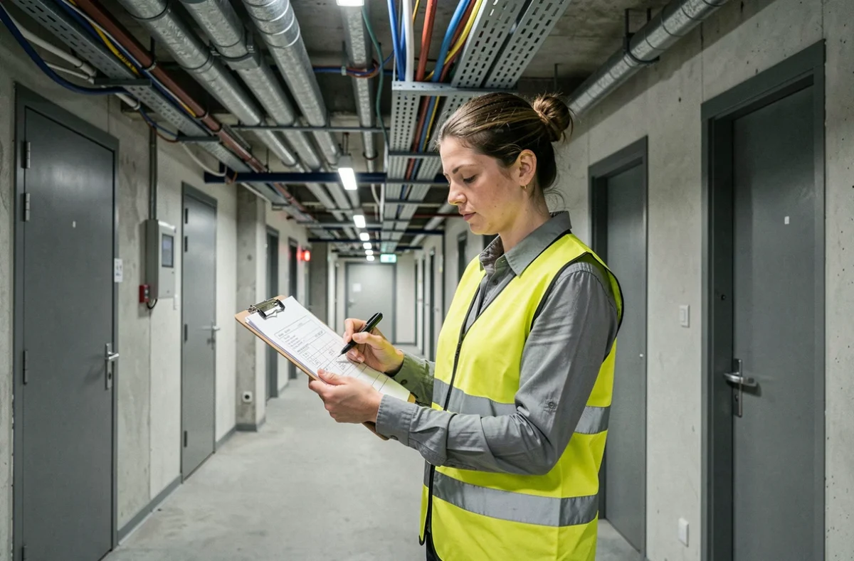 Électricienne de Monforte'lec consultant des plans électriques dans un couloir commercial