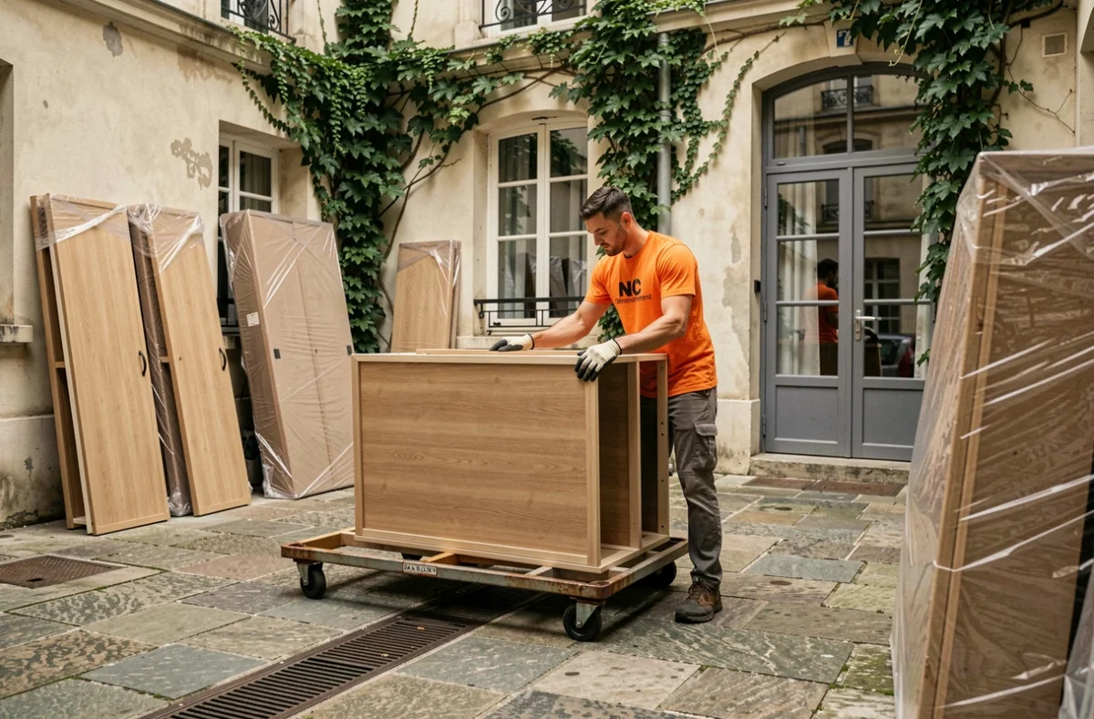 Déménageur de NC Déménagement chargeant des panneaux d'armoire sur un diable dans la cour d'un immeuble français