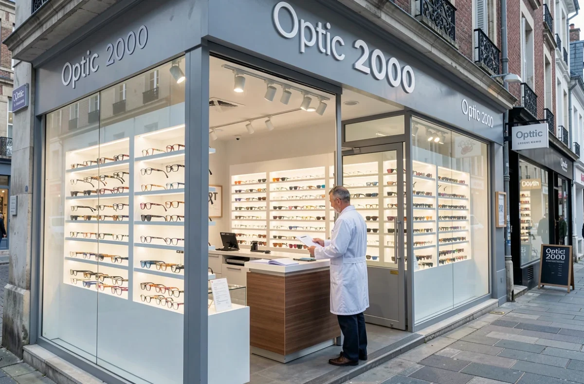 Vitrine et intérieur de l'opticien Optic 2000 à Vannes avec présentoirs de montures modernes