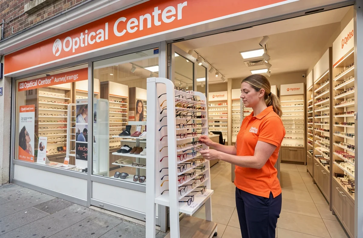 Façade et intérieur du magasin Optical Center à Auray avec opticienne arrangeant des montures