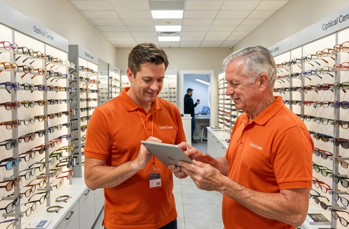 Opticien conseillant un client dans le magasin Optical Center à Lanester