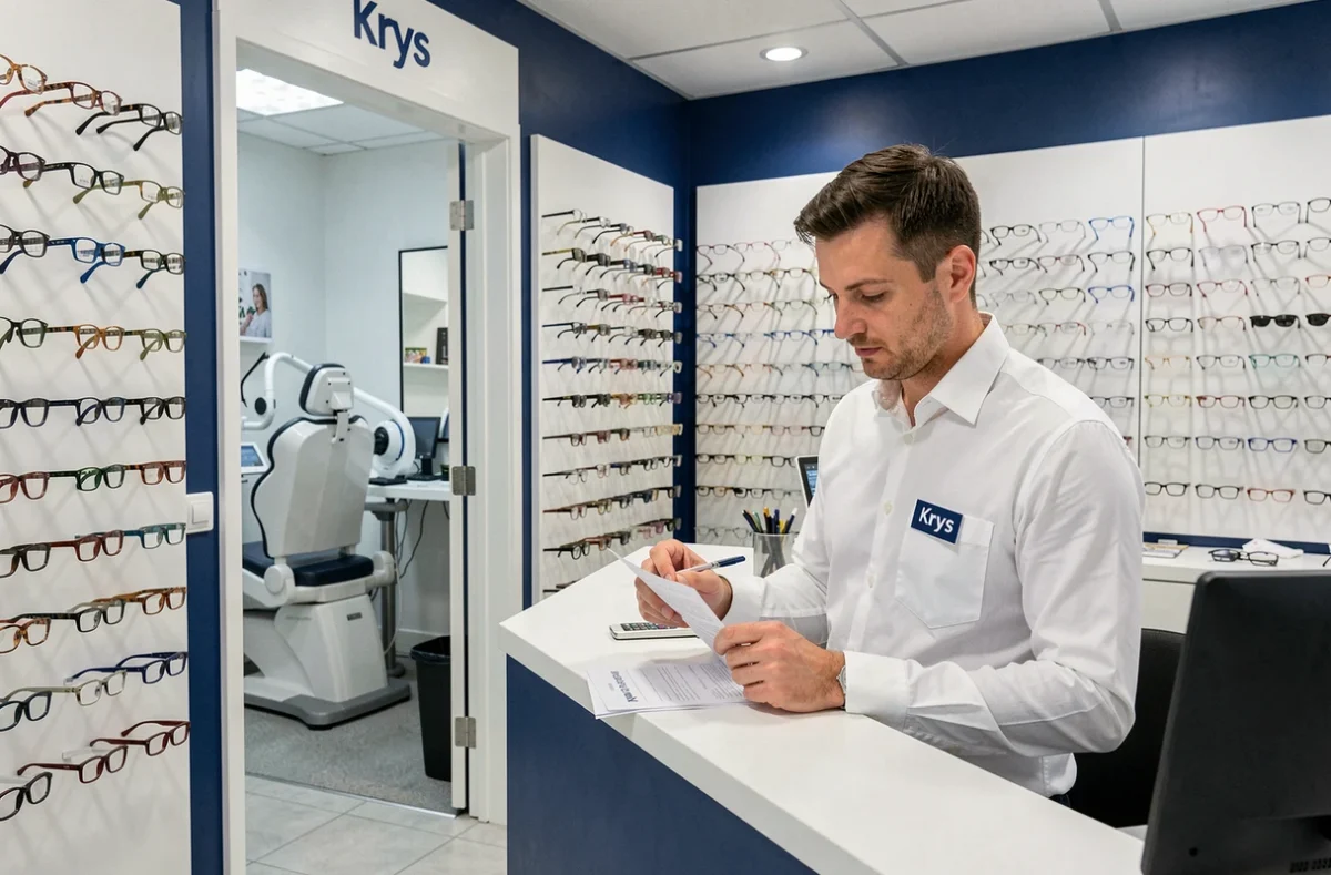 Intérieur professionnel de l'opticien Krys à Lorient avec présentoirs de lunettes et comptoir de consultation