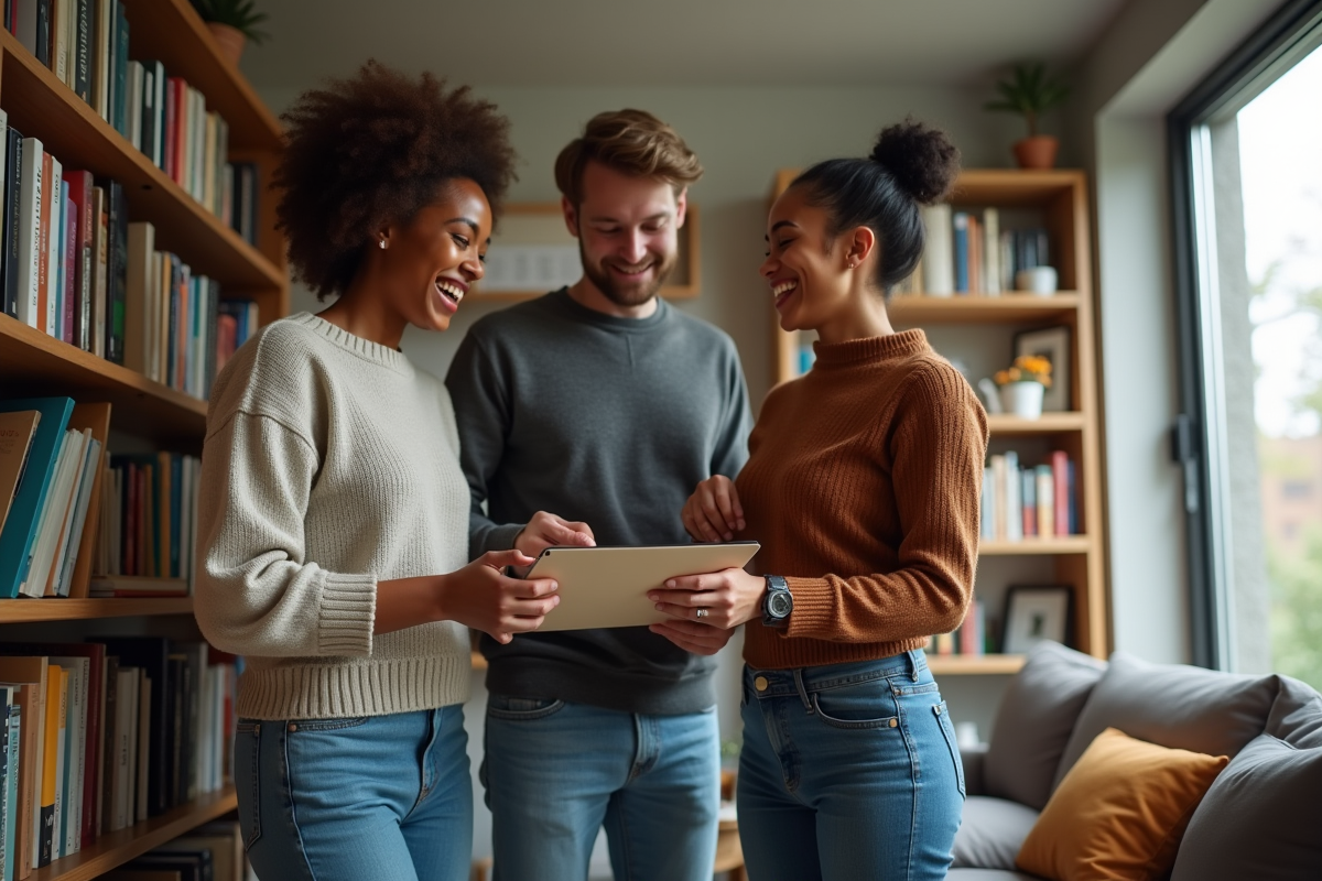Groupe organisant une bibliothèque dans un salon convivial