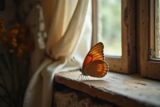 Papillon marron posé sur le rebord d'une fenêtre en bois d'une maison de campagne, ailes déployées avec des motifs complexes visibles en détail