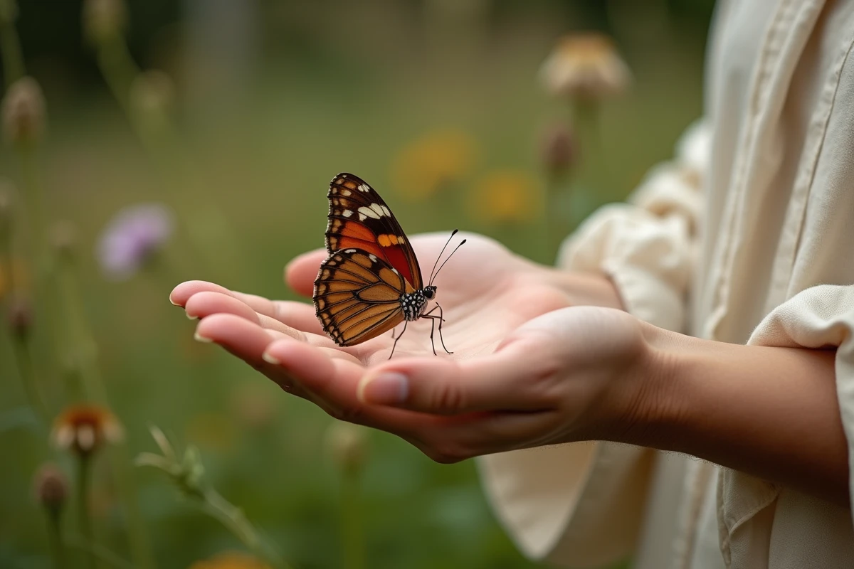 Papillon marron au repos sur la paume d'une main humaine dans un jardin fleuri, ailes déployées montrant des motifs naturels détaillés