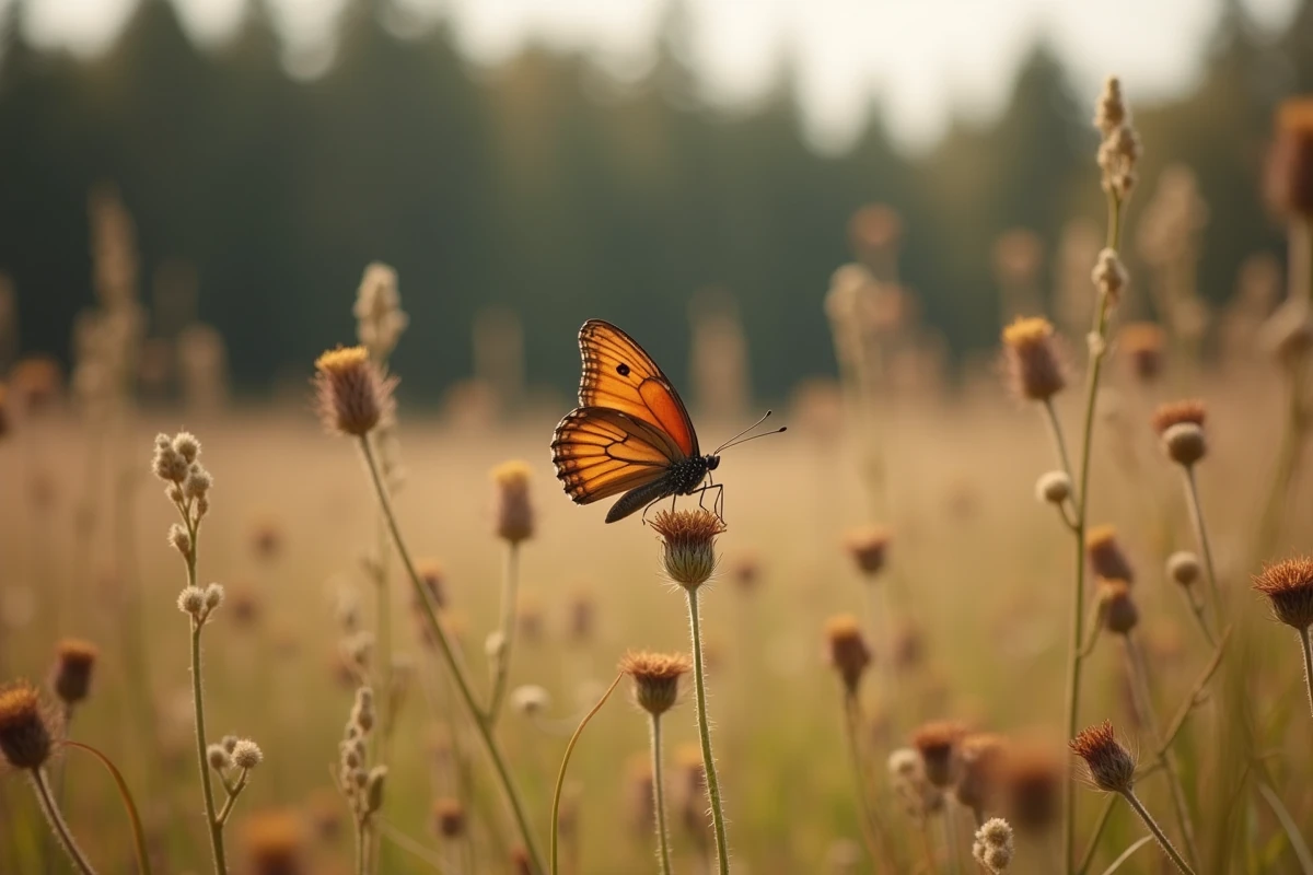 Papillon marron posé sur une tige de fleur sauvage dans une prairie en lisière de forêt, entouré d'herbes hautes et de fleurs automnales