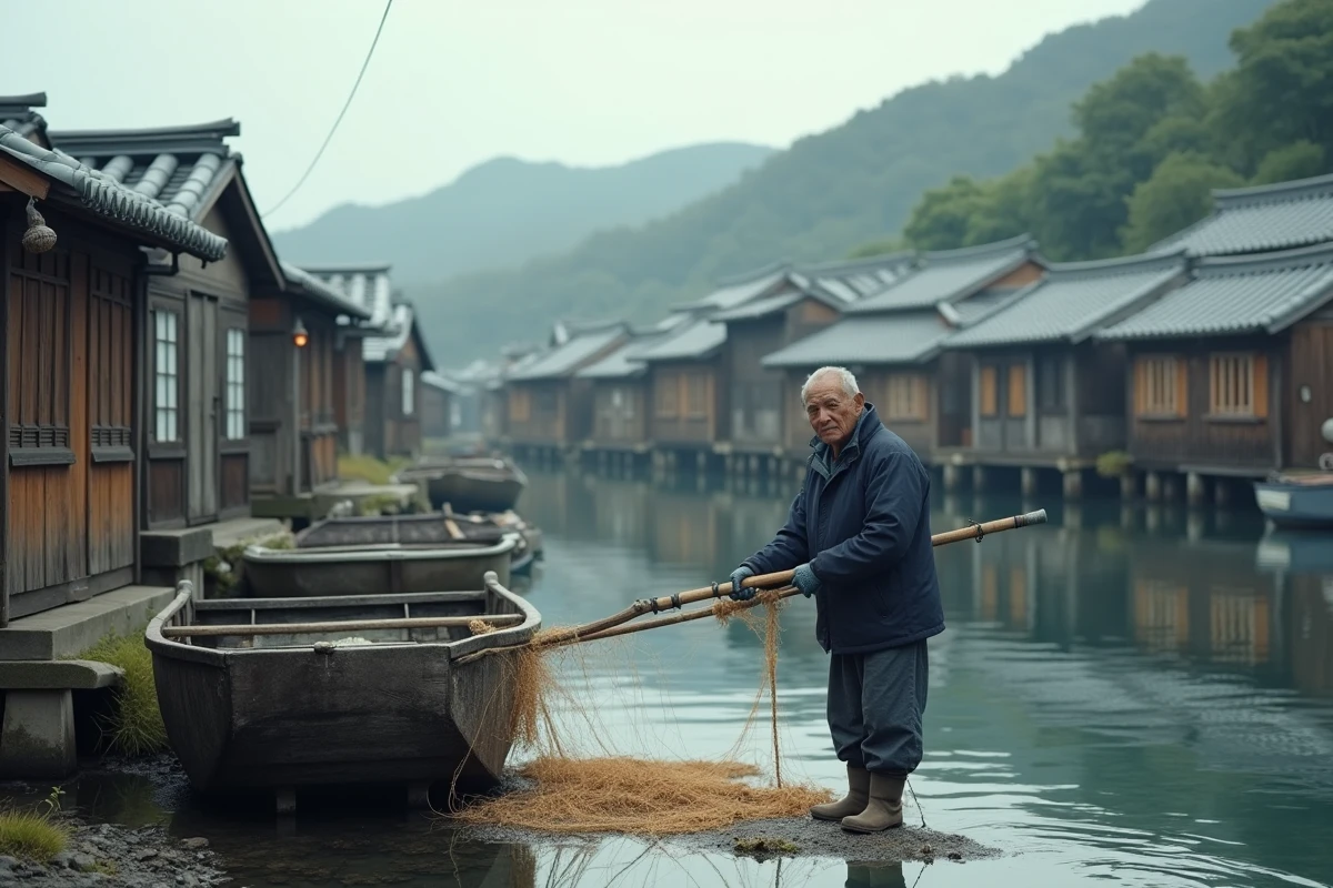 Pêcheur japonais réparant ses filets dans un village de pêcheurs au bord d'une baie