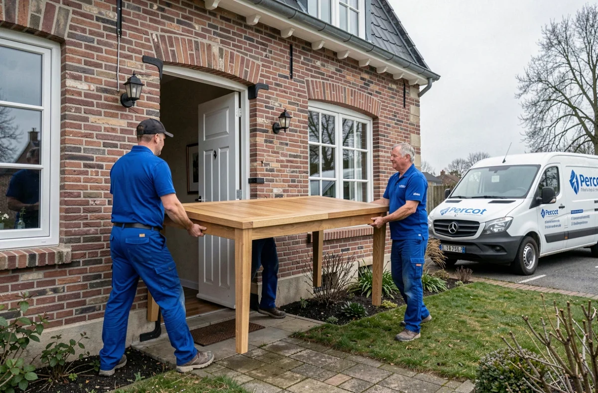 Deux déménageurs de Percot portant une table en chêne à travers l'entrée d'une maison en briques du Nord de la France
