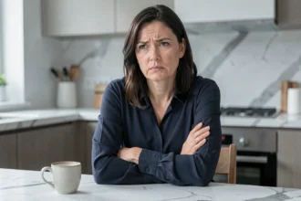 Femme aux bras croisés avec une expression froide et contrôlée, illustrant le comportement d'une personnalité narcissique face au refus