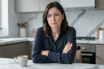 Femme aux bras croisés avec une expression froide et contrôlée, illustrant le comportement d'une personnalité narcissique face au refus