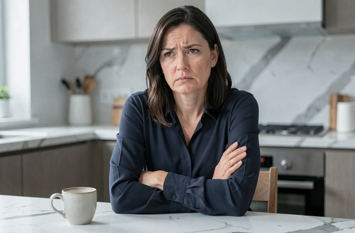 Femme aux bras croisés avec une expression froide et contrôlée, illustrant le comportement d'une personnalité narcissique face au refus