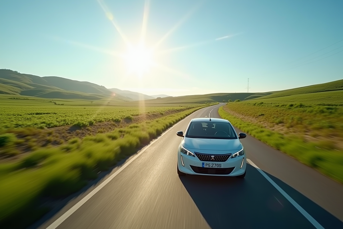 Peugeot 208 électrique roulant en campagne sous un ciel bleu
