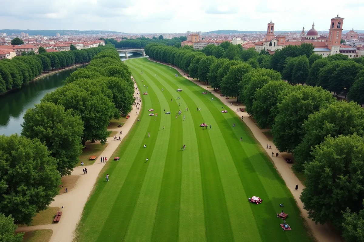 Vue aérienne du parc Prairie des Filtres à Toulouse avec la Garonne et les monuments de la ville rose