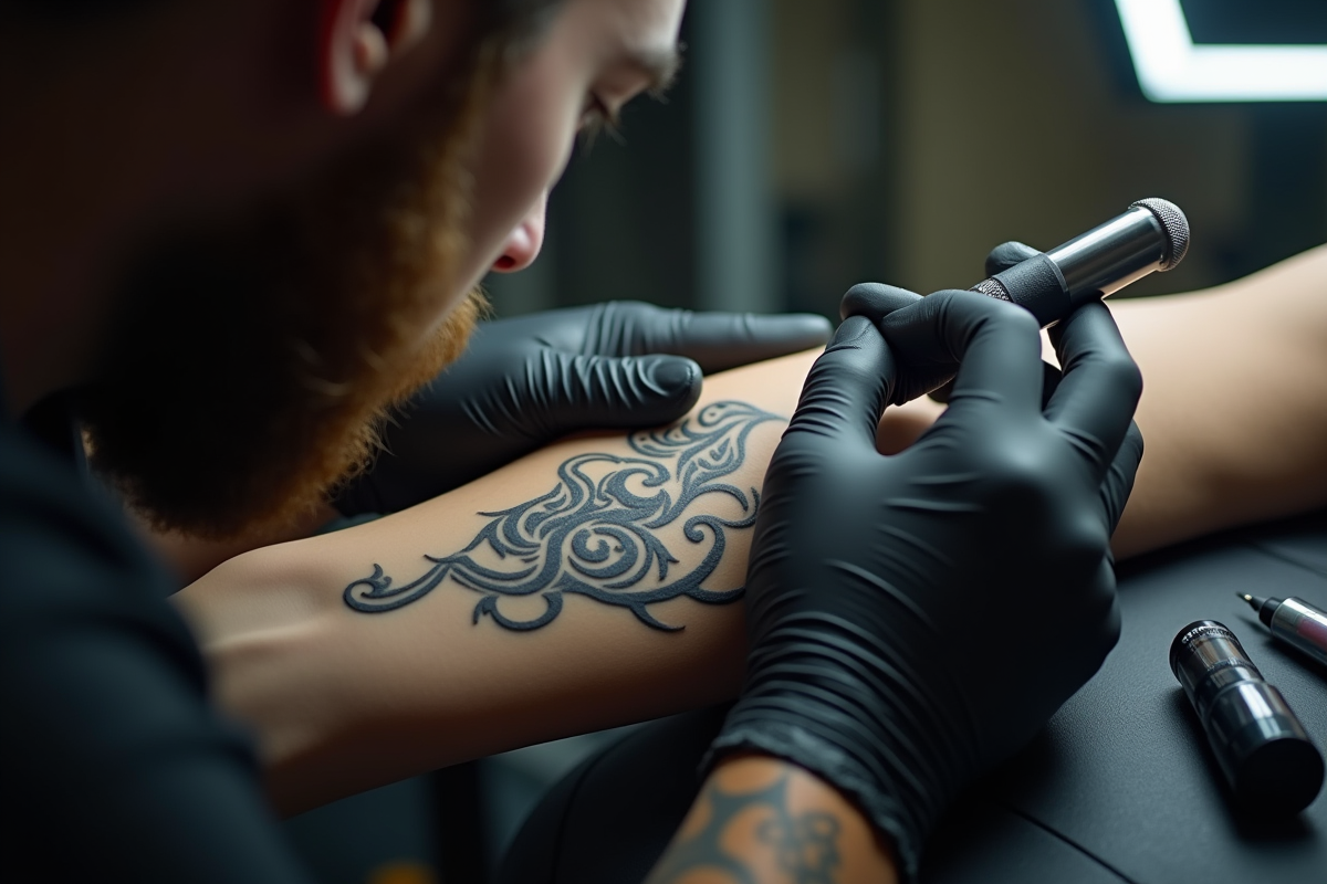 Tatoueur préparant un tatouage tribal dans un studio lumineux