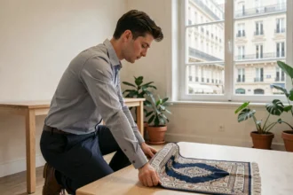 Un homme en tenue de bureau déroule un tapis de prière dans une salle de pause parisienne pendant ses heures de travail