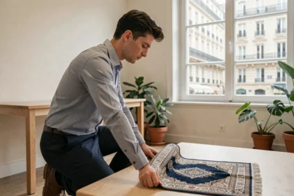 Un homme en tenue de bureau déroule un tapis de prière dans une salle de pause parisienne pendant ses heures de travail
