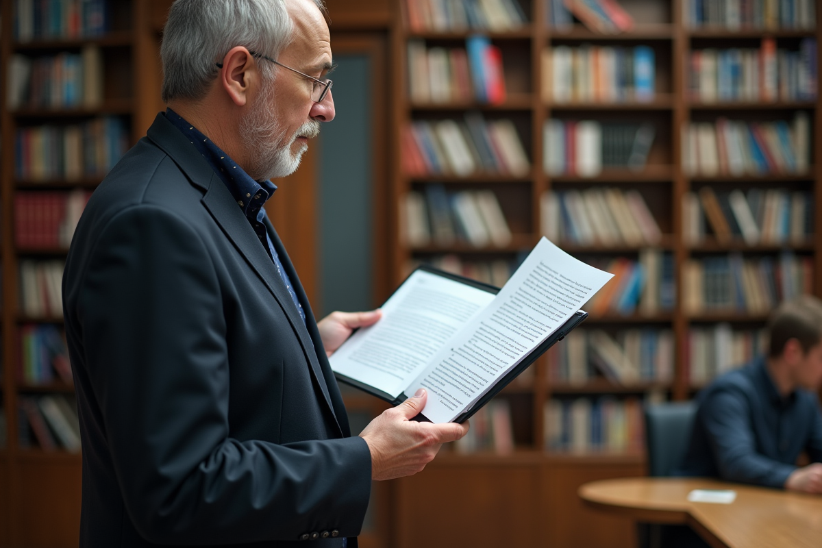 Professeur universitaire comparant des essais avec une tablette dans une salle moderne