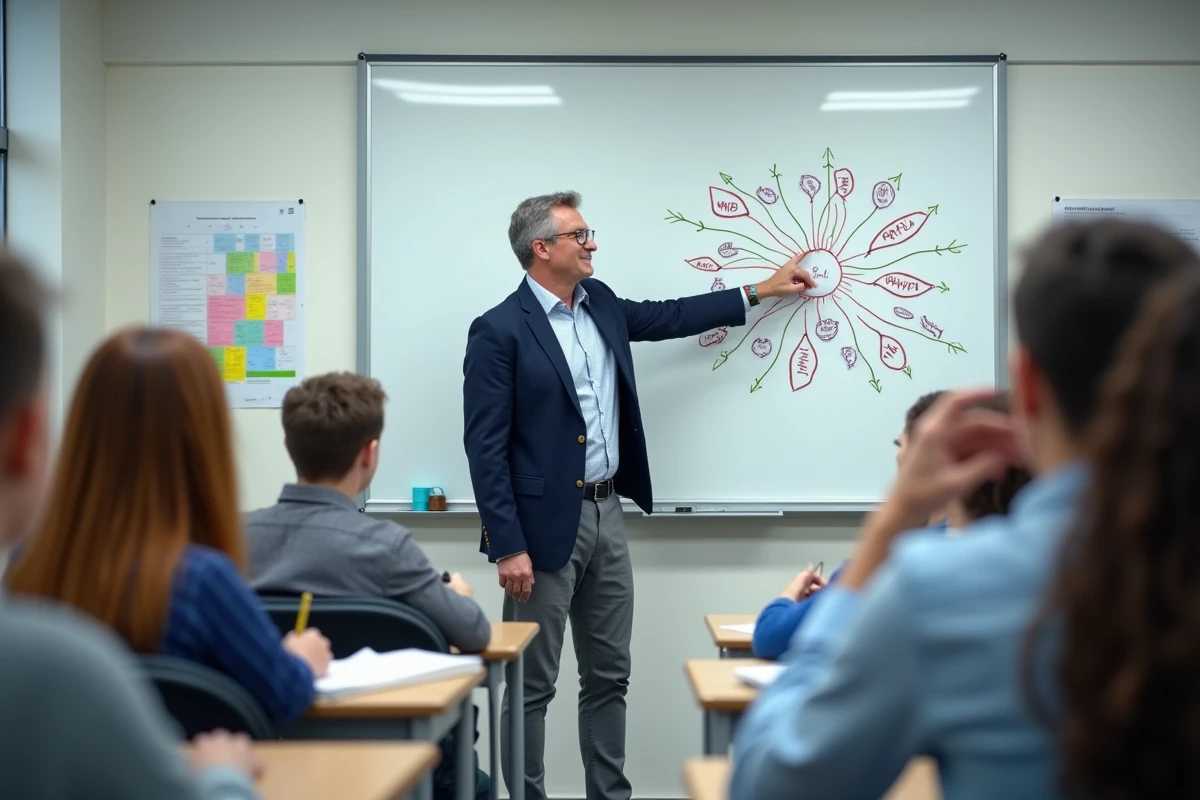 Professeur expliquant une technique mnémotechnique au tableau dans une salle de classe moderne