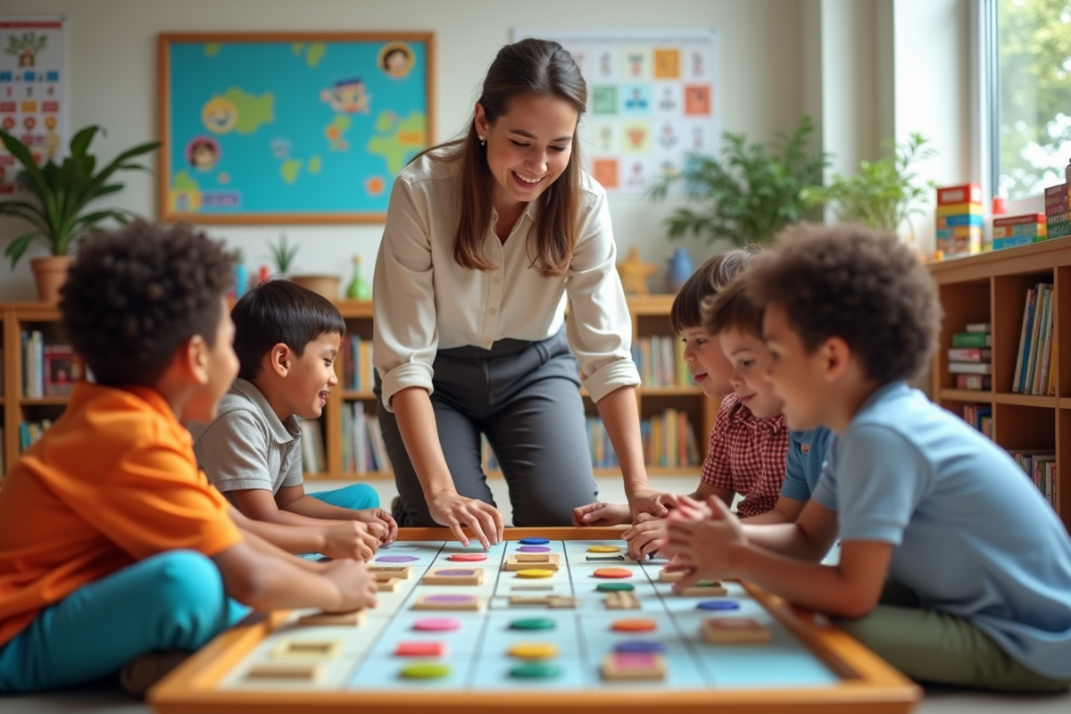 Une enseignante moderne anime une activité ludique avec des enfants en classe