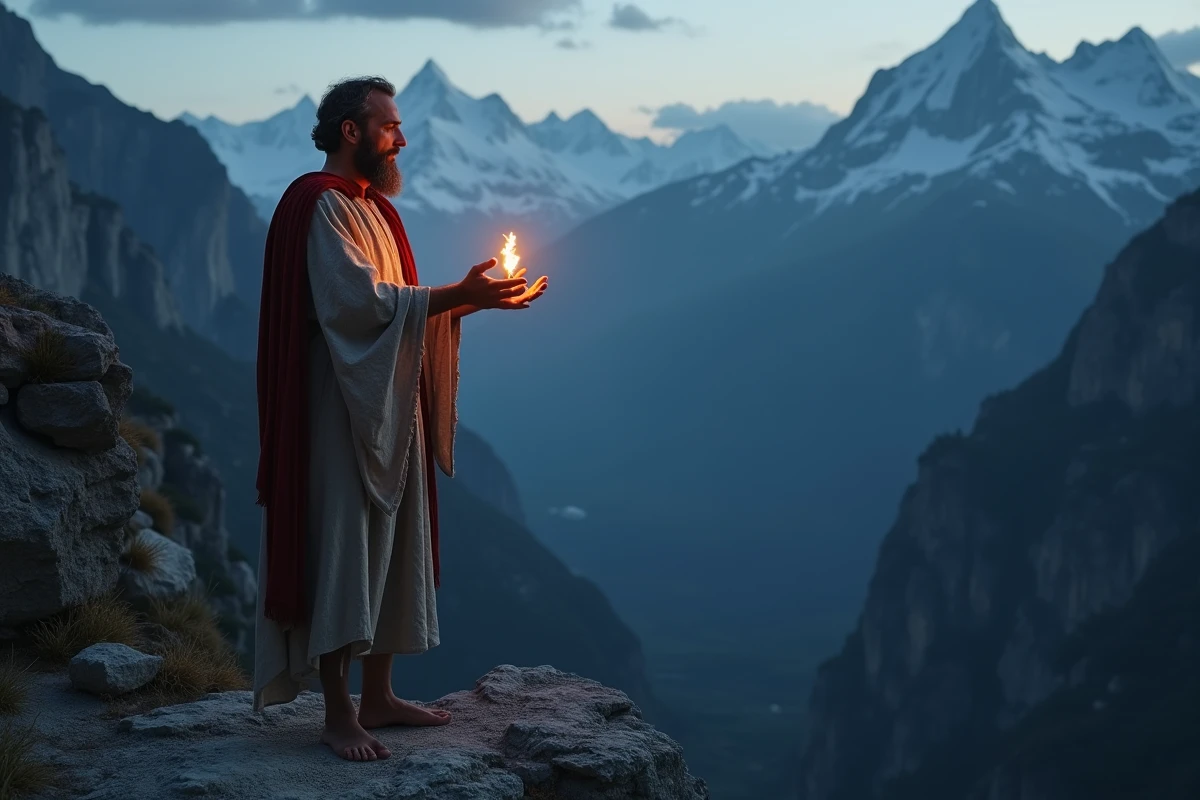 Homme vêtu d'un chiton antique tenant une flamme sacrée au bord d'une falaise rocheuse, symbolisant Prométhée apportant le feu aux hommes