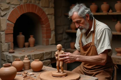 Sculpteur façonnant une figure humaine en argile dans un atelier de pierre antique, évoquant le mythe de Prométhée créateur de l'humanité
