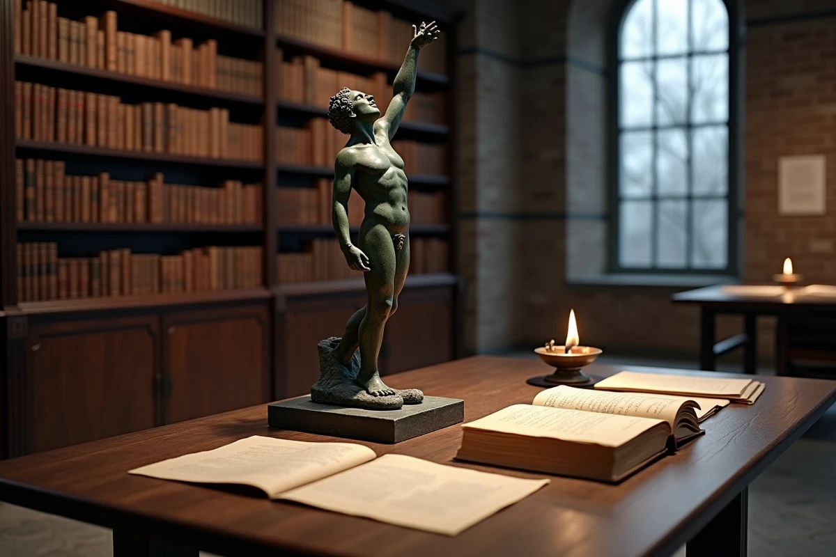 Statuette en bronze de Prométhée entourée de notes académiques et d'une lampe à huile sur un bureau de chercheur, illustration des symboles mythologiques