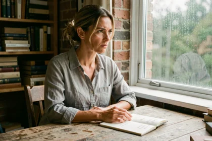 Femme déterminée écrivant un proverbe sur le courage dans un carnet, assise près d'une fenêtre pluvieuse dans un bureau chaleureux