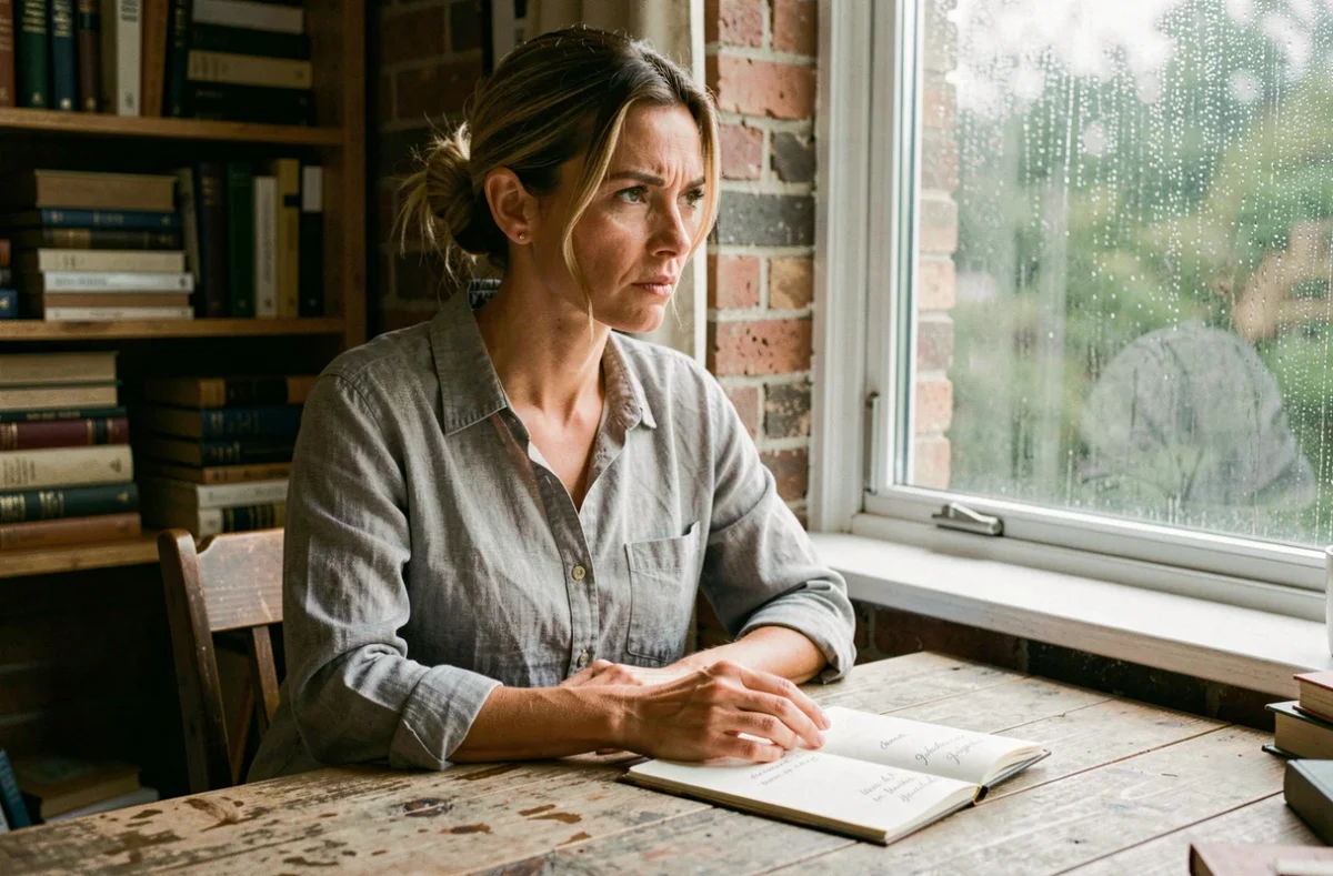 Femme déterminée écrivant un proverbe sur le courage dans un carnet, assise près d'une fenêtre pluvieuse dans un bureau chaleureux