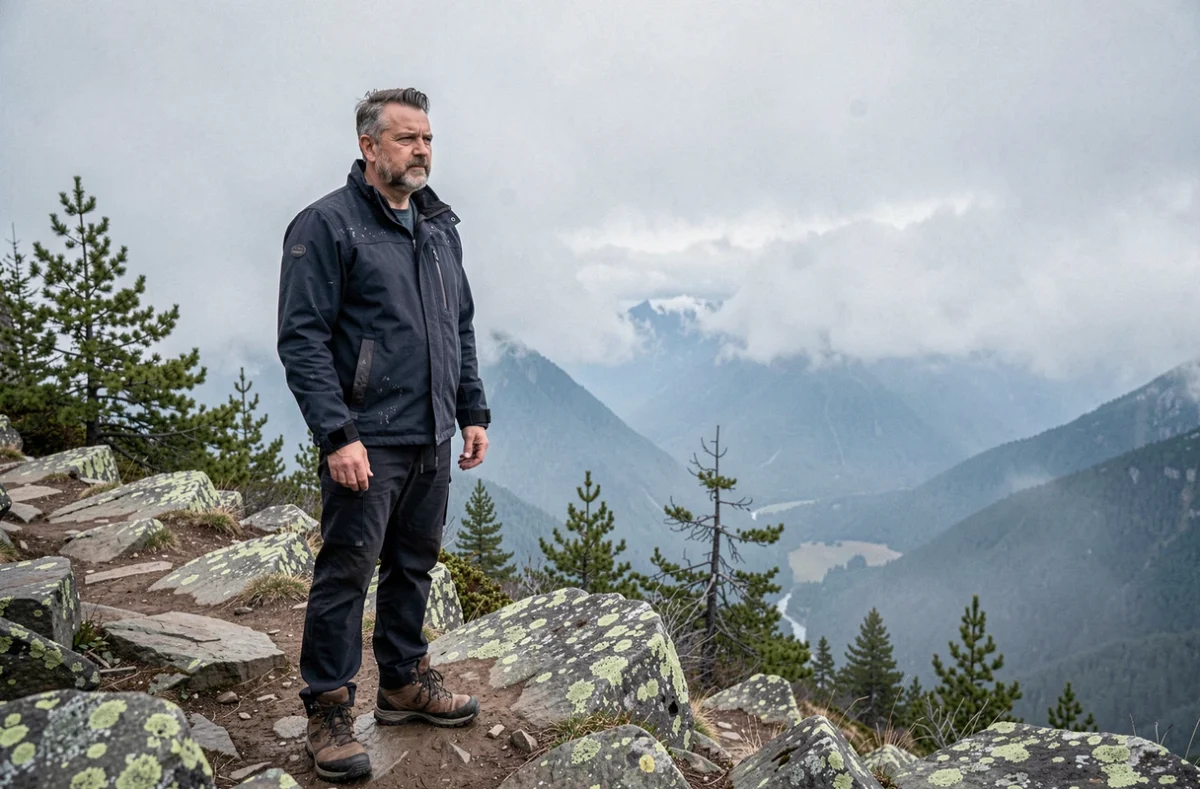 Homme contemplatif debout au bord d'un sentier de montagne rocheux, regardant une vallée brumeuse, symbolisant le courage et la persévérance