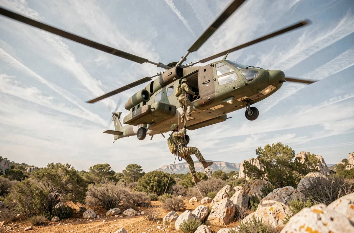 Hélicoptère Puma SA 330 de l'Armée française lors d'un exercice de rappel avec des soldats en tenue camouflage dans un terrain méditerranéen