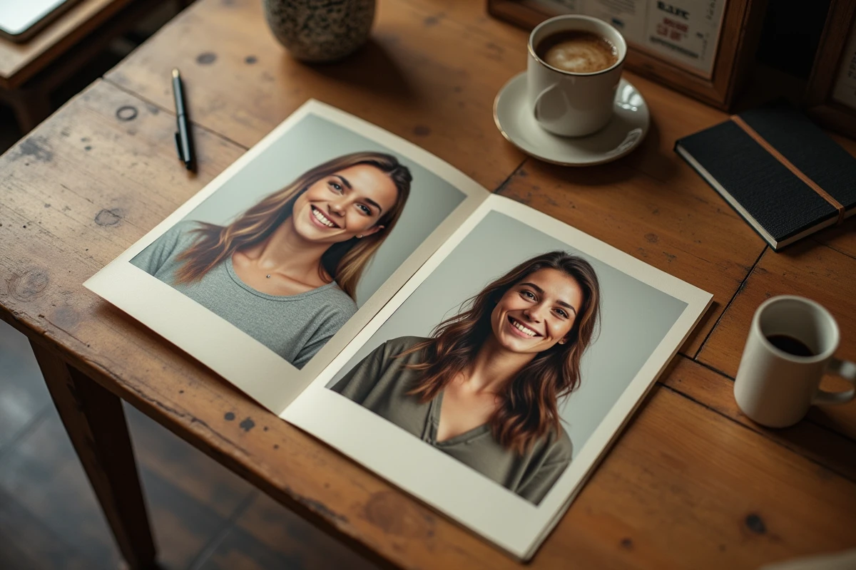 Deux photographies comparant une femme jeune et plus mature posées sur une table, symbolisant l'évolution de l'image publique de Rachel Garrat-Valcarcel avant et maintenant