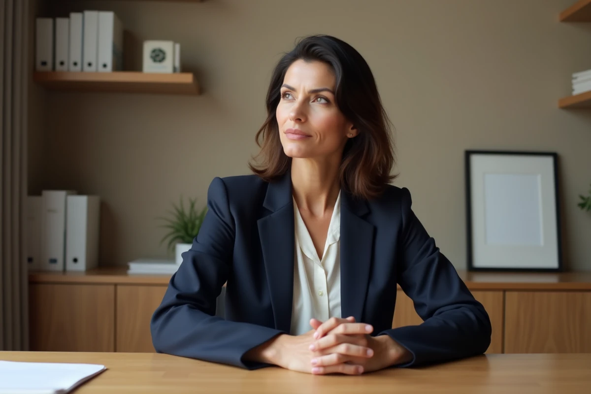 Portrait d'une femme déterminée et réfléchie assise dans un bureau moderne, illustrant le parcours professionnel de Rachel Garrat-Valcarcel