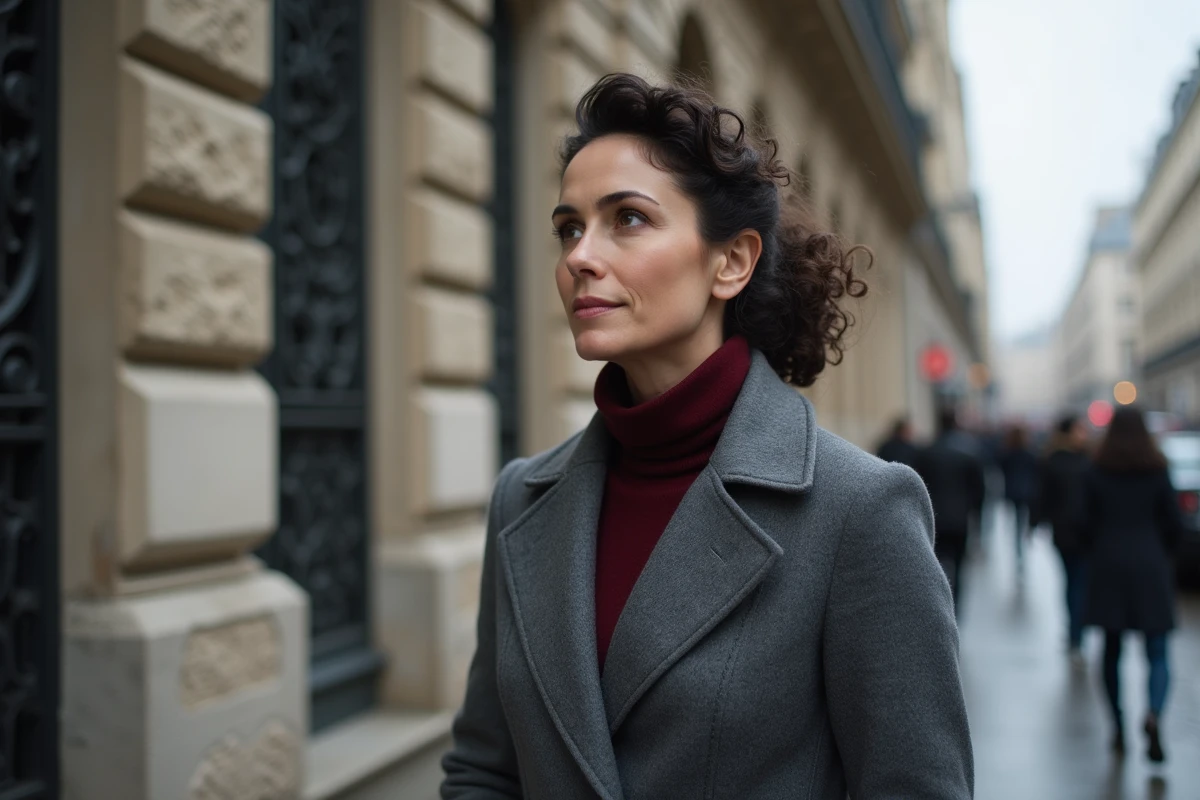 Femme debout dans une rue parisienne avec une expression réfléchie, évoquant l'évolution du regard du public sur Rachel Garrat-Valcarcel