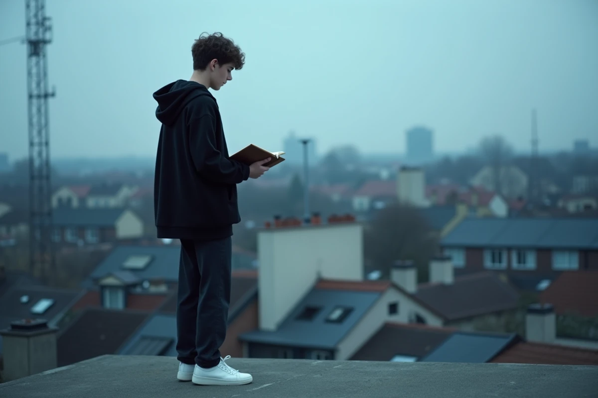 Auteur-compositeur de rap debout sur un toit urbain en banlieue française, tenant un carnet de paroles, reflet de l'univers lyrique et social d'oskoow
