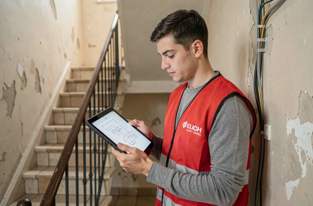 Électricien de RB Élec consultant un schéma électrique sur tablette dans une cage d'escalier à Saint-Denis