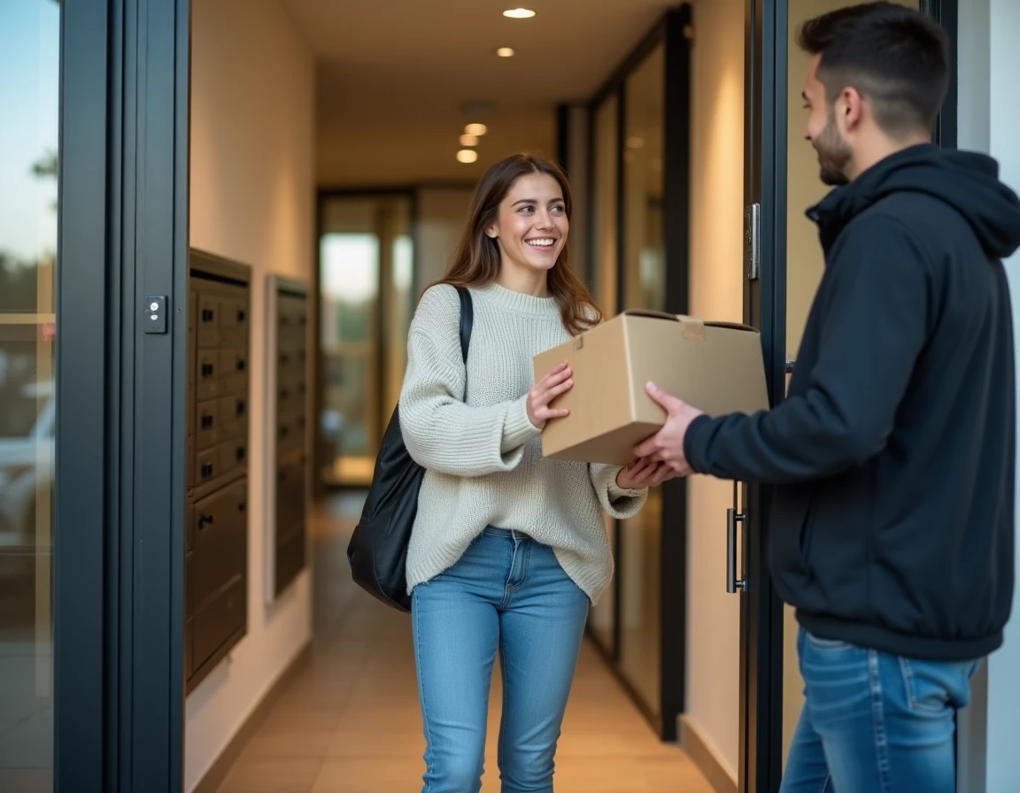 Femme recevant un colis à la porte de son immeuble en milieu urbain