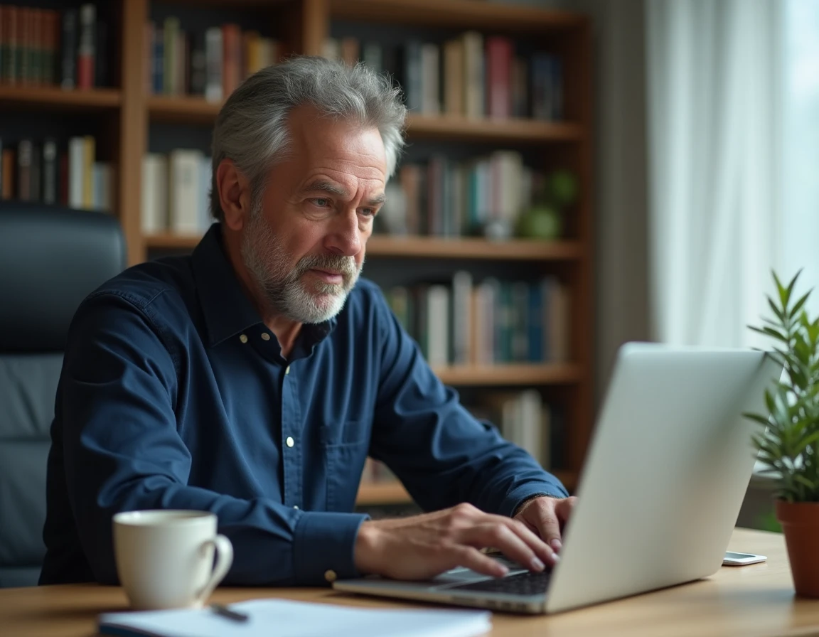 Homme utilisant un annuaire téléphonique en ligne sur un ordinateur portable pour effectuer une recherche inversée de numéro