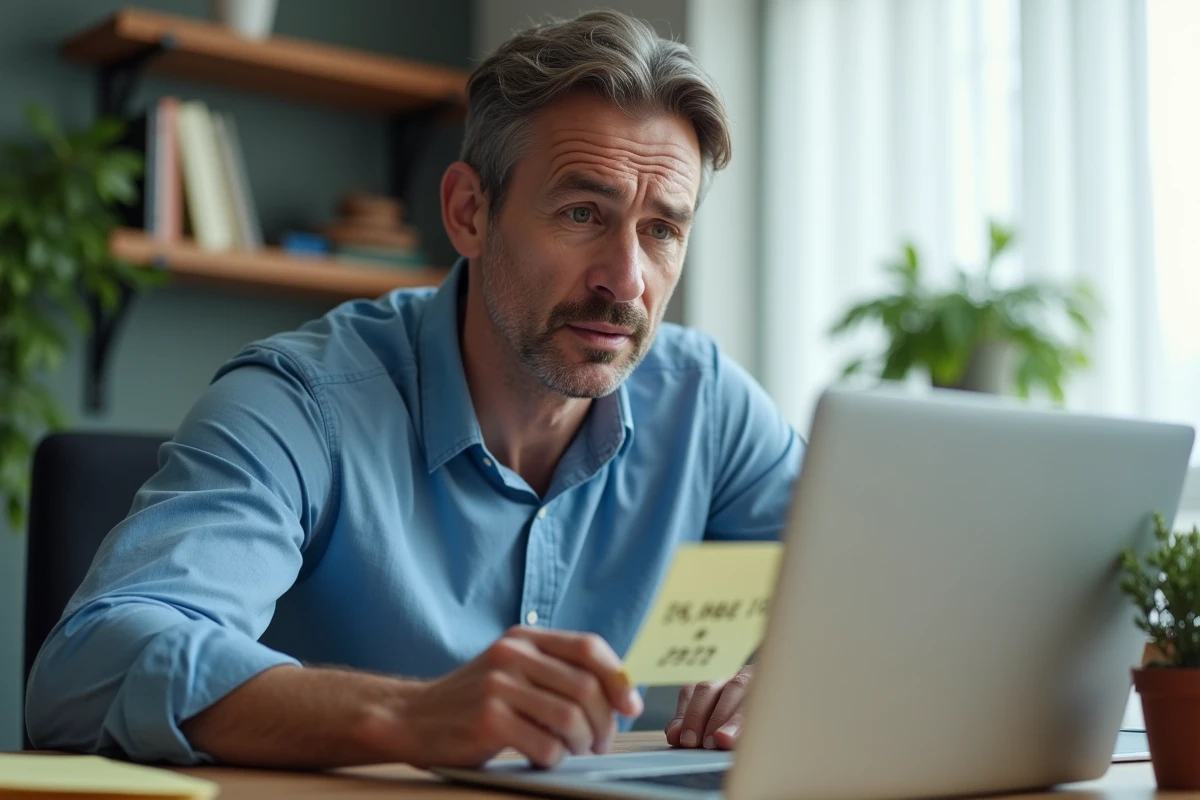 Homme consultant un site de recherche inversée de numéro de téléphone sur un ordinateur portable à son bureau