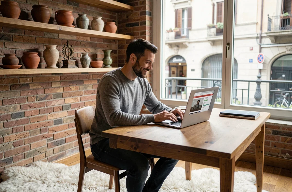 Homme cherchant des meubles d'occasion italiens sur un site internet depuis son appartement décoré avec soin
