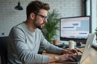 Homme cherchant une nouvelle adresse de site sur son ordinateur portable après un changement de domaine