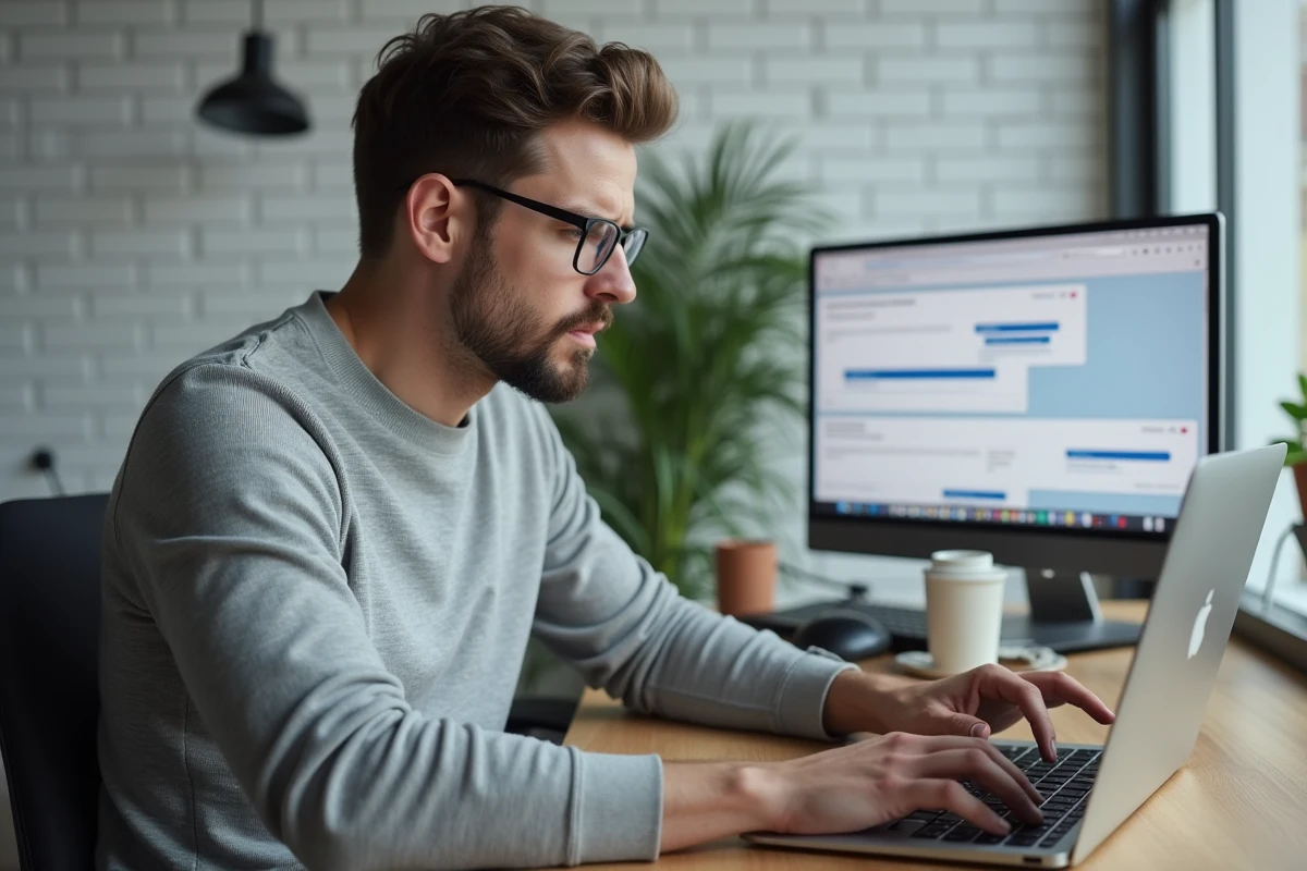 Homme cherchant une nouvelle adresse de site sur son ordinateur portable après un changement de domaine