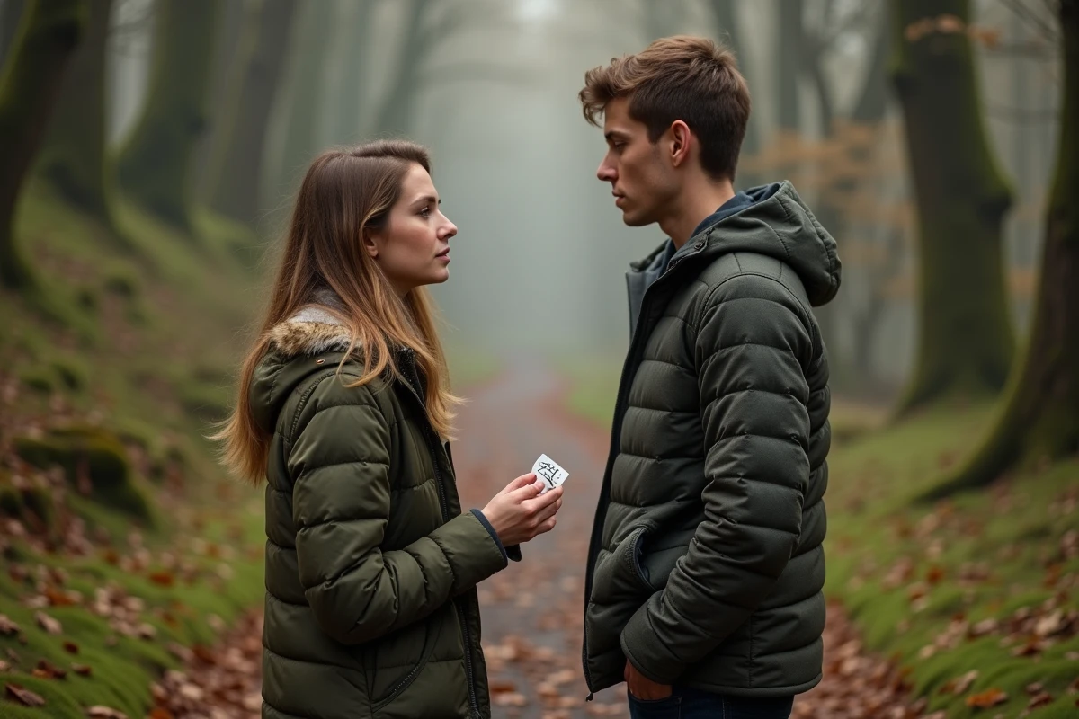 Jeune femme et homme face à face dans la forêt automnale