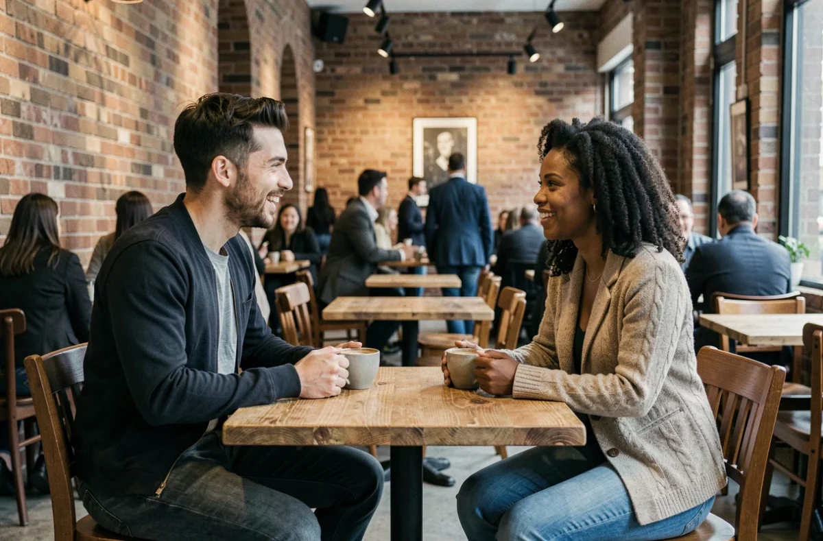 Deux inconnus engagés dans une conversation sincère dans un café urbain, illustrant les liens sociaux créés en ligne