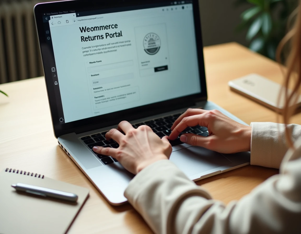 Mains tapant sur un ordinateur portable pour effectuer un retour de commande internationale sur un portail e-commerce sécurisé