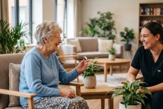 Femme senior en conversation dans un cadre urbain moderne