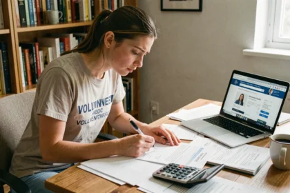 Jeune femme en service civique remplissant sa déclaration d'impôts sur des documents officiels à son bureau à domicile