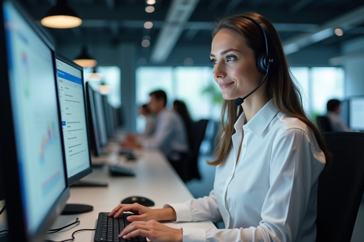 Conseillère service client GLS gérant une réclamation de colis dans un bureau logistique